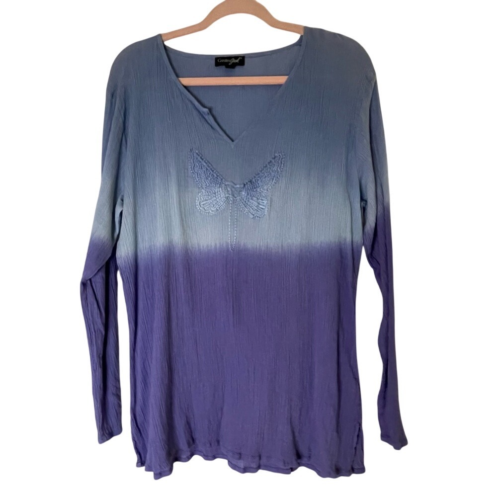 Greater Good Womens Blue Purple Ombre Butterfly Gauze‎ Cotton Tunic Top L/XL